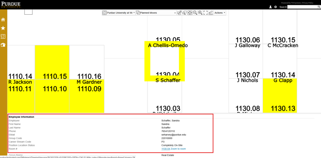 Screenshot showing the employee information of a specific room on a floor plan.