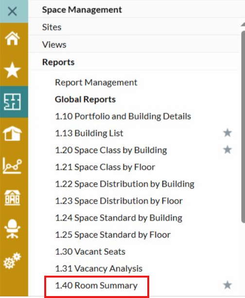 Screenshot showing the path to get to the 1.40 Room Summary Report.