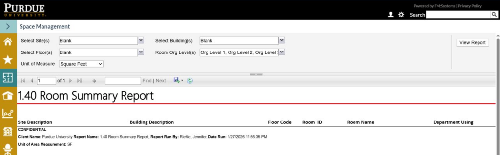 Screenshot showing the options to generate the 1.40 Room Summary Report.