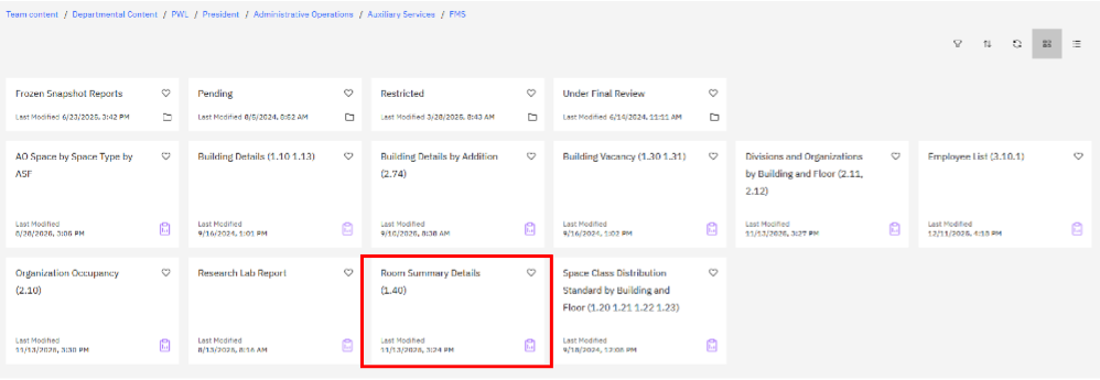 Screenshot showing where the Room Summary Details are located in Cognos.