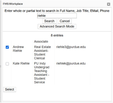Screenshot showing the search results pop up.
