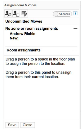 Screenshot showing the Assign Rooms & Zones pop up after you've selected a name.