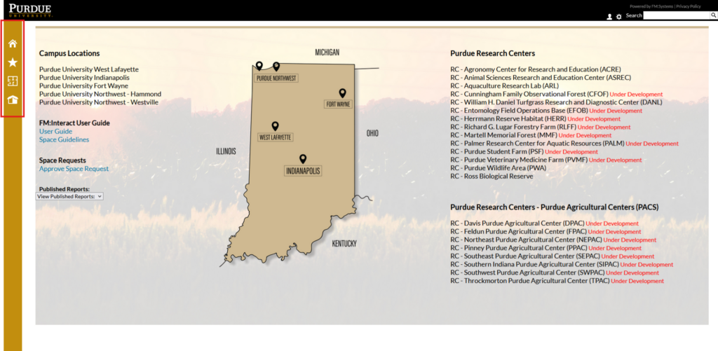Screenshot of the FM:S homepage with the left side tool bar highlighted by a red box.