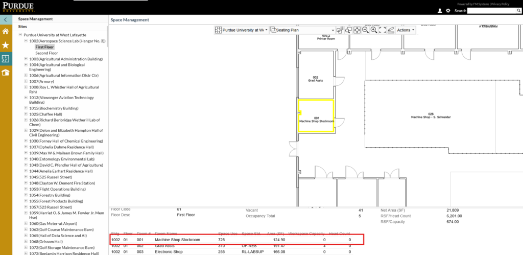 Screenshot showing the Room Information section of the Space Management screen highlighted by a red box. It also shows how selecting a room highlights that room in yellow on the visual floorplan.