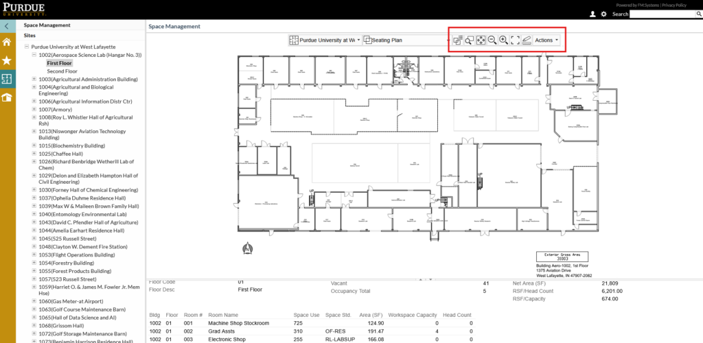 Screenshot of the Space Management screen highlighting the Floor Plan toolbar by a red box.