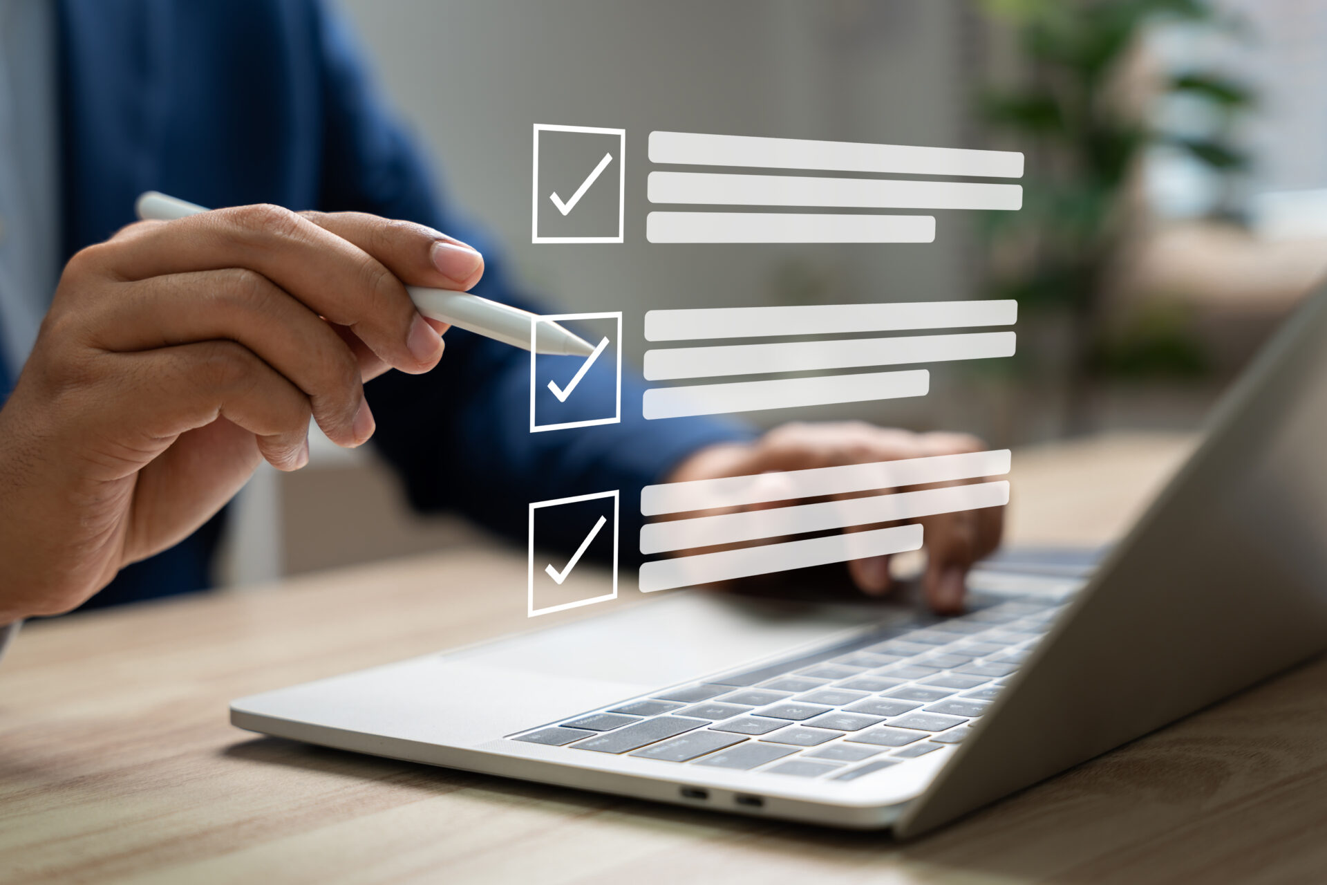 Business man using laptop and online checklist survey.