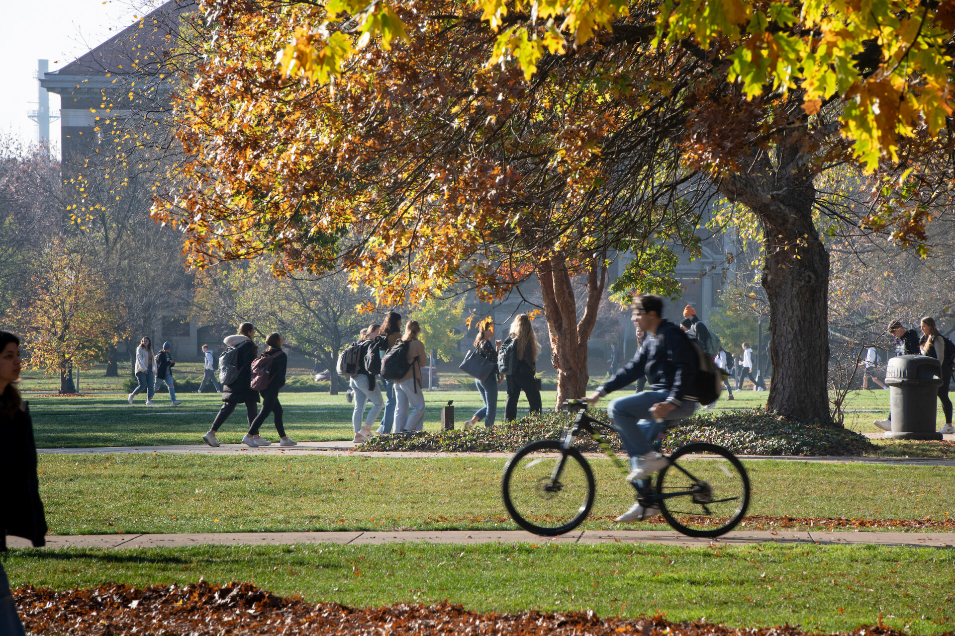 Purdue University students walking through campus on a sunny day, surrounded by trees with fall foliage.
