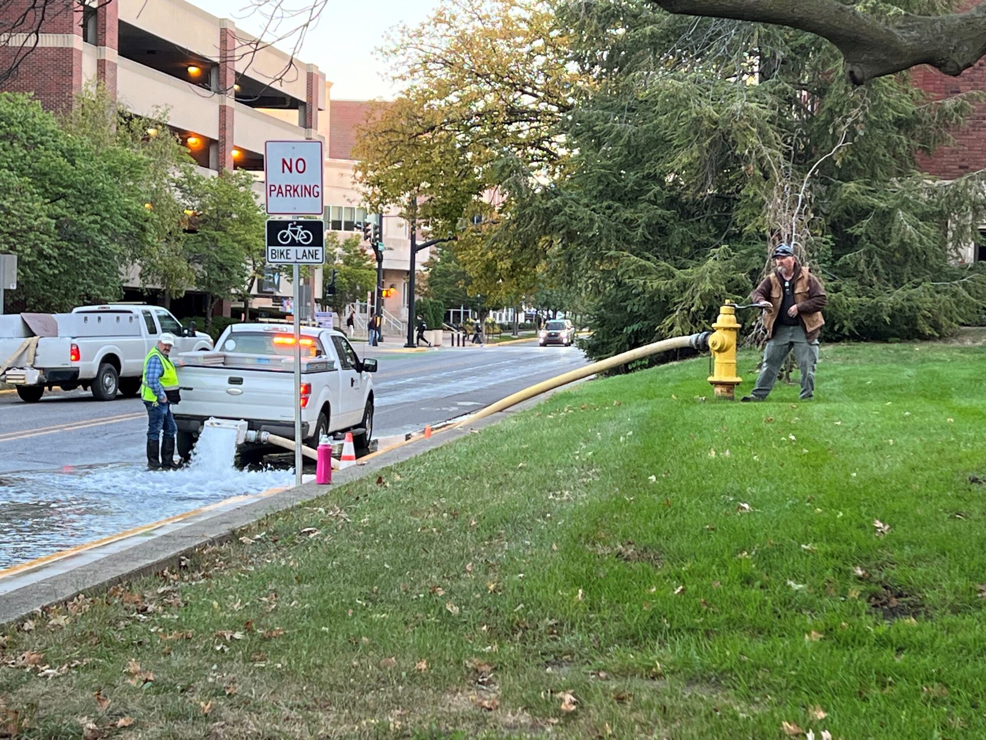 Water works staff flushing a hydrant during a previous effort to flush campus hydrants. Photo provided by Administrative Operations Communications.