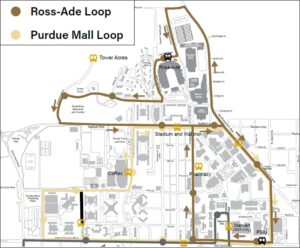 Updated Campus Transit routes for the Ross-Ade loop and Purdue Mall loop, effective Nov. 3, 2025.