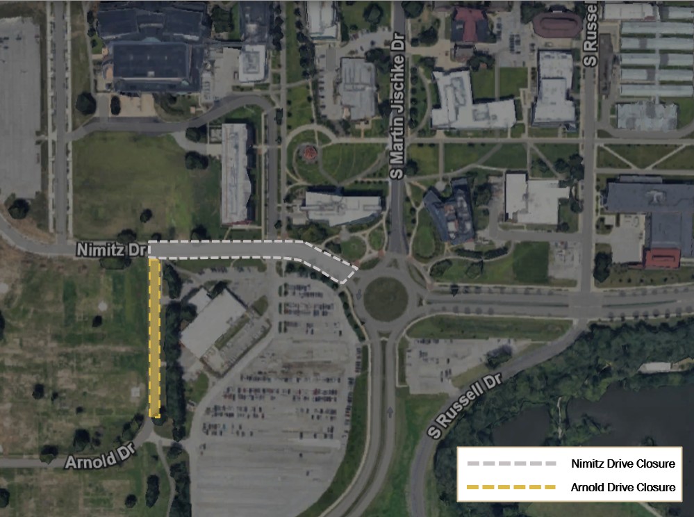 Nimitz Drive, just west of S. Martin Jischke Drive to Arnold Drive, is scheduled to close May 18 to facilitate repair work. This map outlines the closure.