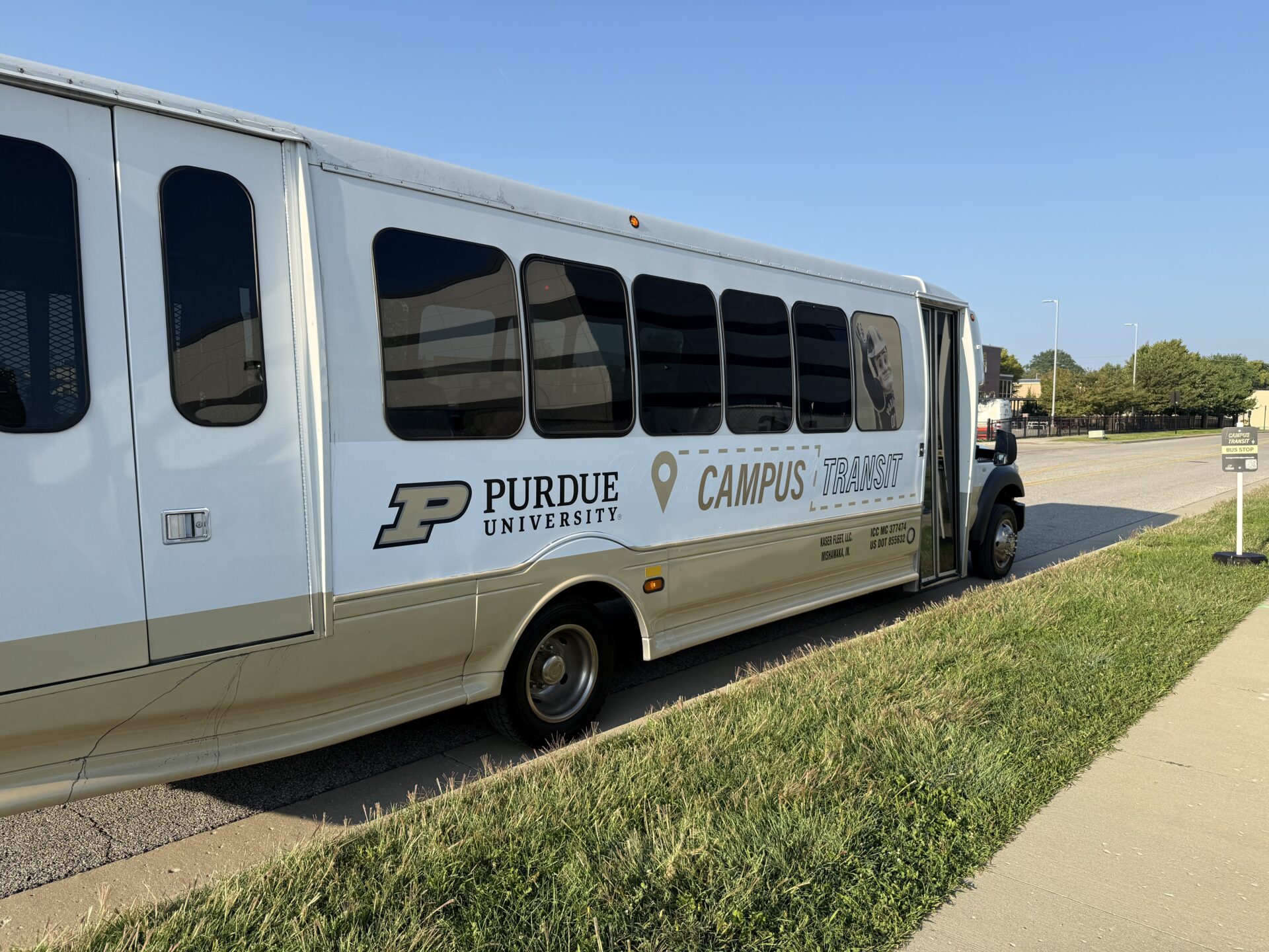Campus Transit bus parked at one of its stops in Indianapolis