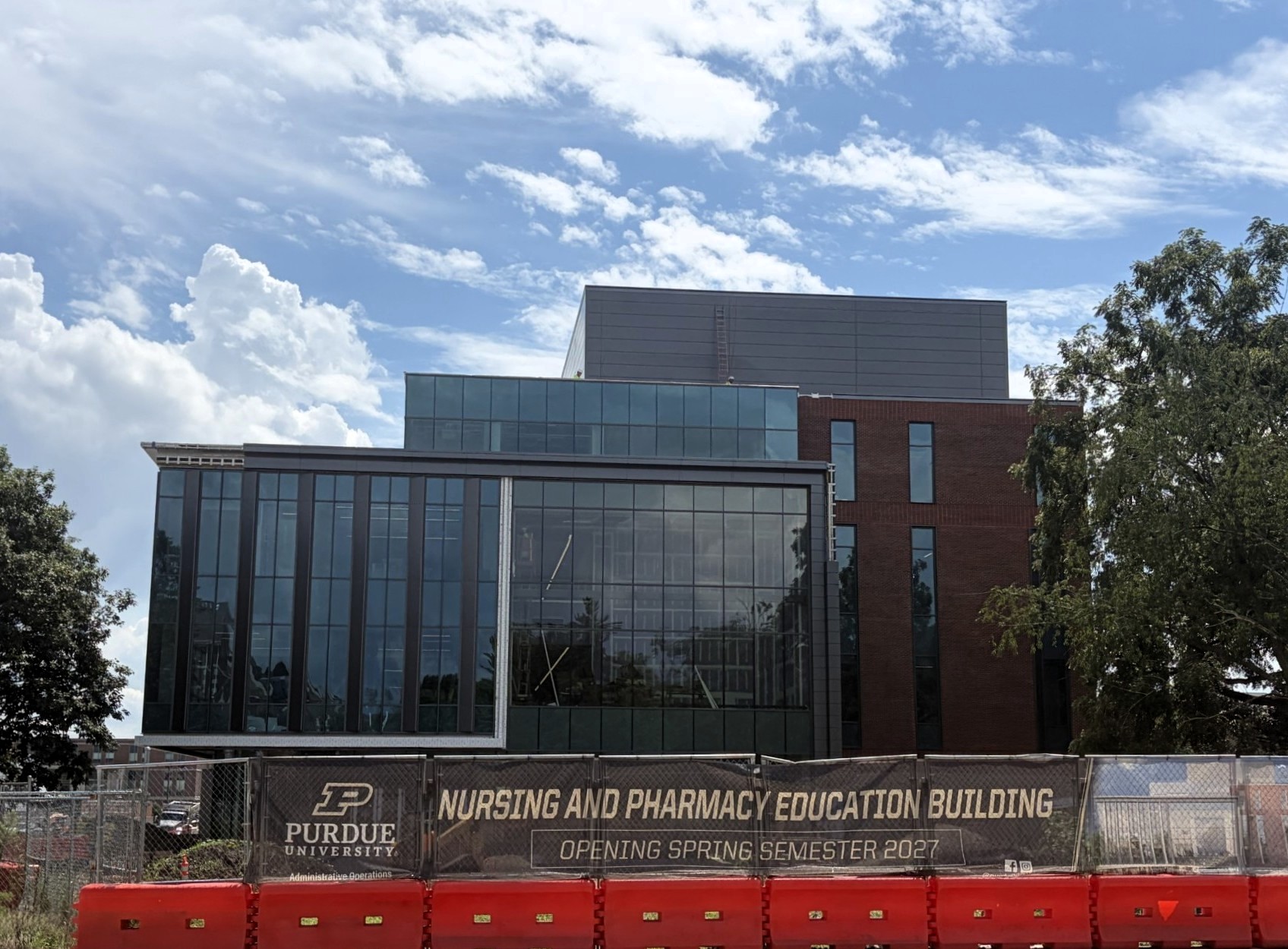 Southbound South Russell Street, just south of Mitch Daniels Boulevard, will remain closed for construction on the Nursing and Pharmacy Education Building as a new academic year begins. The photo shows construction progress from Mitch Daniels Boulevard.