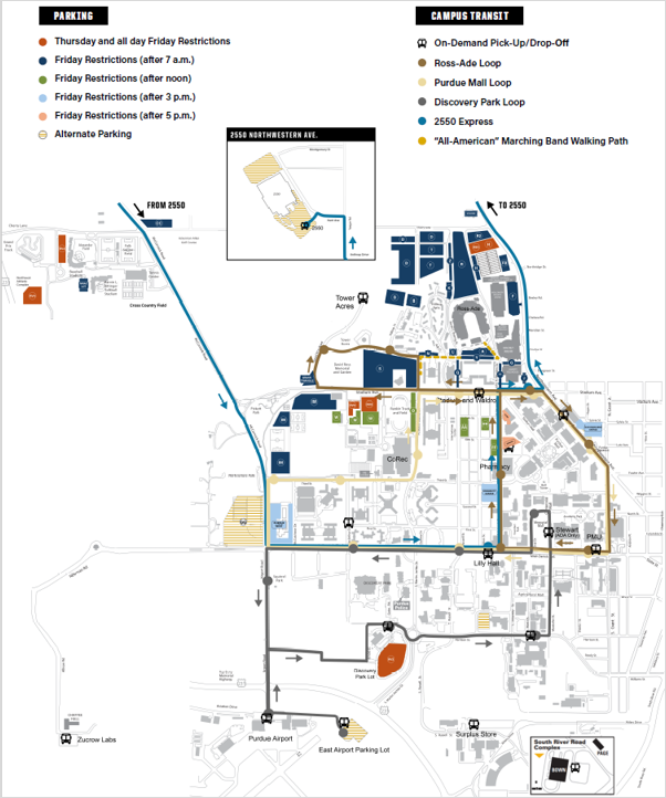 Map of parking restrictions, alternate parking locations and modified Campus Transit routes and stops.