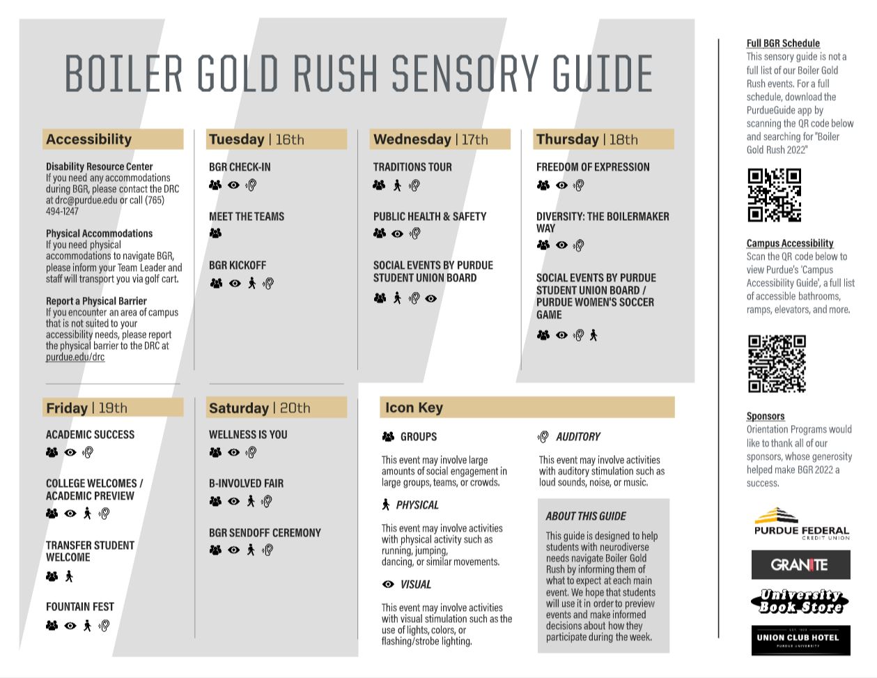 Still image of the boiler gold rush sensory guide, available for all students when they arrive to campus. For accessibility needs, we recommend downloading the guide PDF.