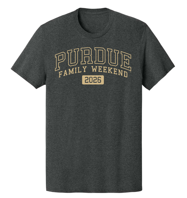 grey t-shirt with gold lettering saying Purdue Family Weekend 2026 