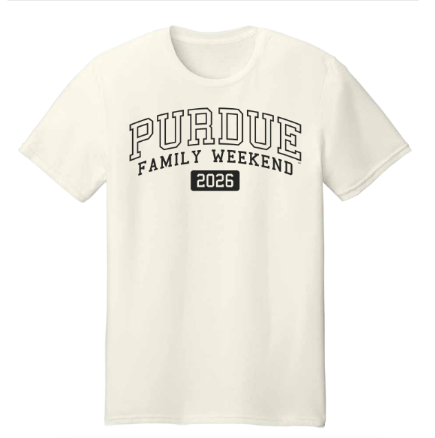 cream t-shirt with Purdue Family Weekend 2026 in black type