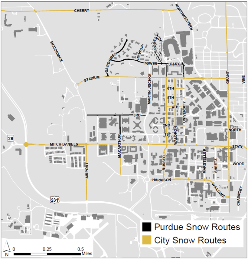 This map shows the designated campus snow routes for Purdue and the City of West Lafayette.