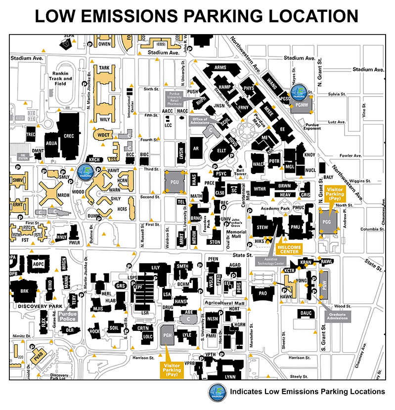 Map indicating the location of the four low emission vehicle spaces in the Northwestern Parking Garage located at 504 Northwestern Avenue.