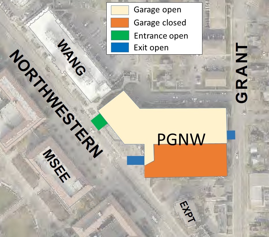Northwestern Avenue Parking Garage southern closure with new traffic configurations in northern half. 
