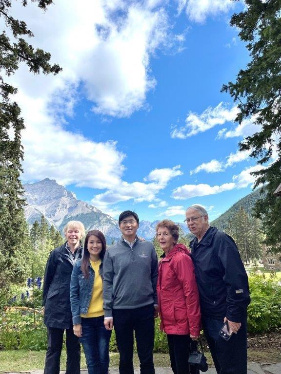 Embracing nature's beauty in Banff with members of the Purdue President's Council.