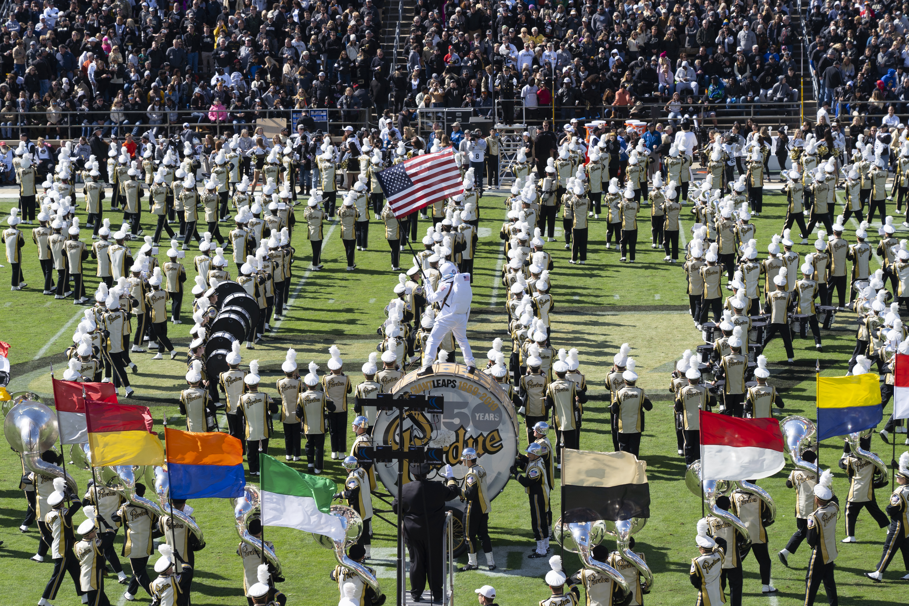 The Purdue "All-American" Marching Band peforms at halftime of the homecoming football game in 2019