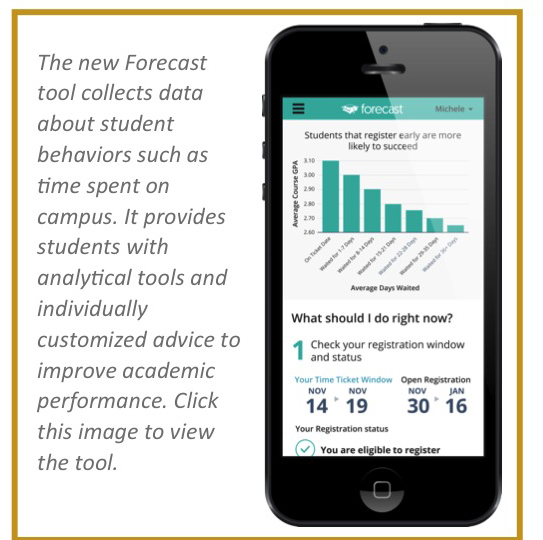 The new Forecast tool collects data about student behaviors such as time spent on campus. It provides students with analytical tools and individually customized advice to improve academic performance. Click the image to view the tool.    