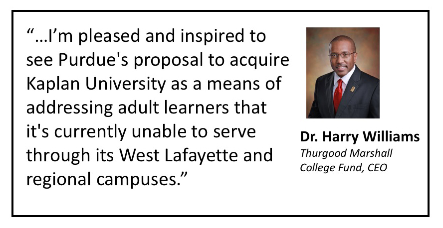 Quote from Dr. Harry Williams expressing support for Purdue's acquisition of Kaplan University