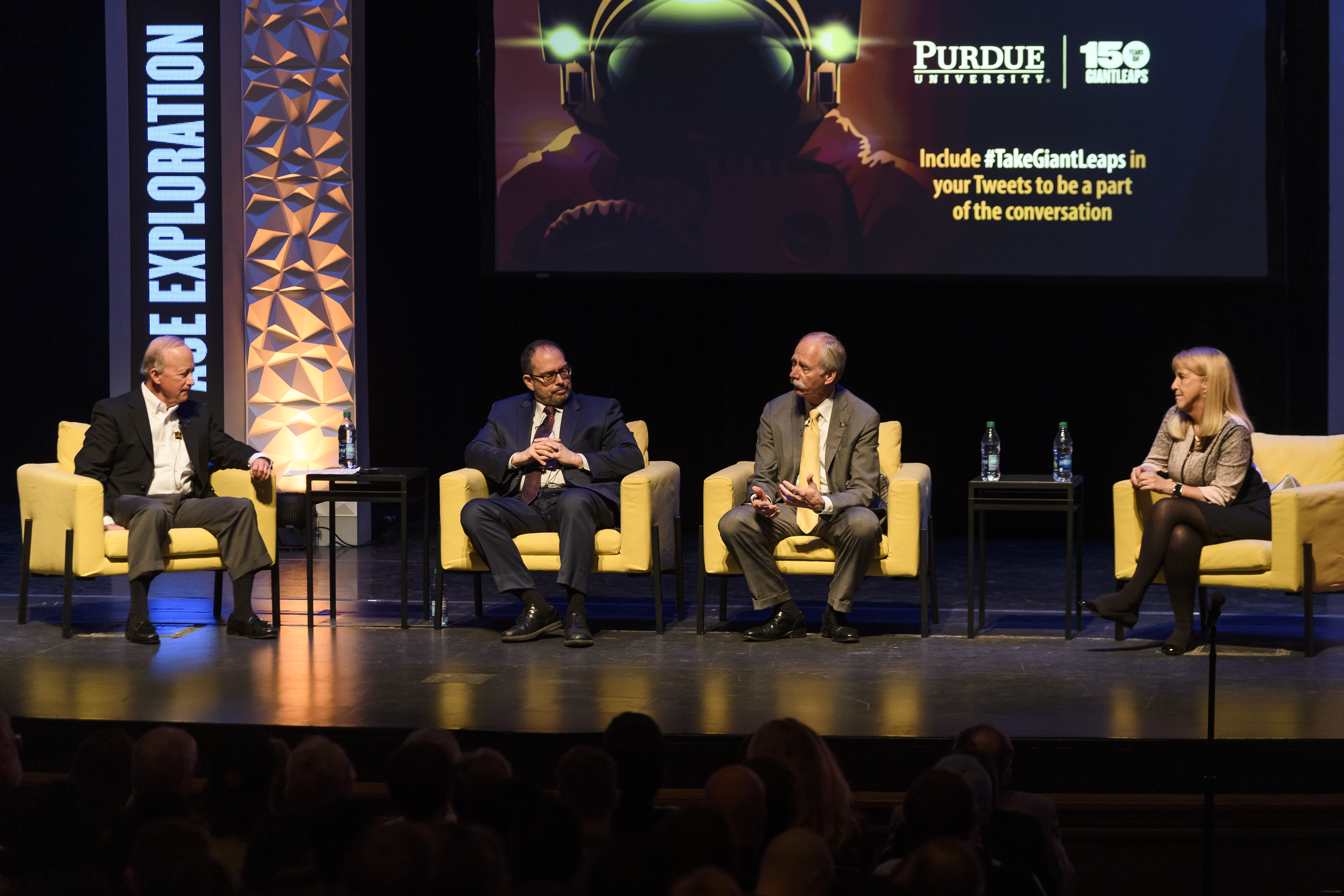 President Daniels speaks with Bill Gerstenmaier, Mary Lynne Dittmar and Jonathan Lunine during an Ideas Festival event on space policy