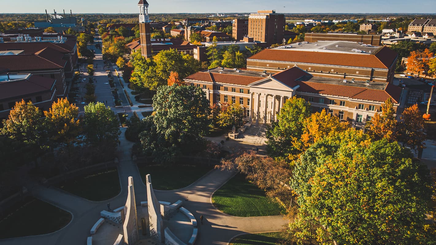 campus aerial of brick building