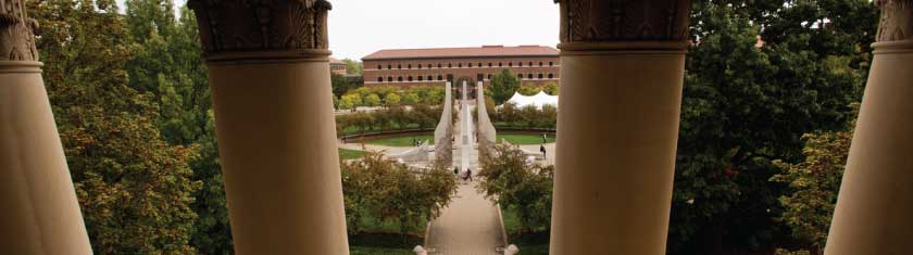 Pictured: banner image showing the Purdue engineering fountain, looking out from Hovde hall