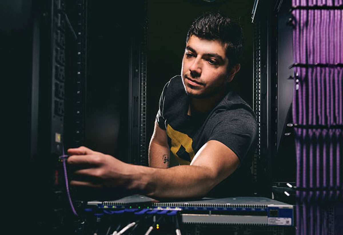 student working on server