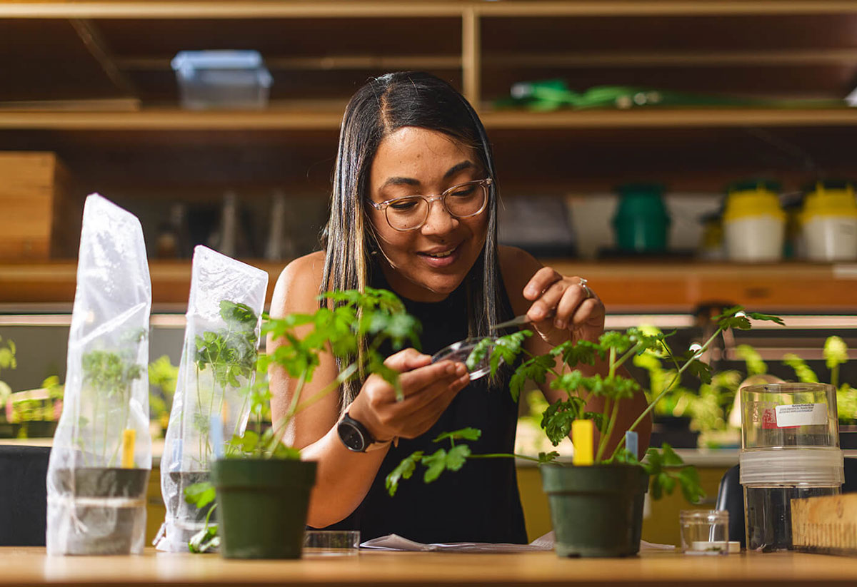 One health woman examining plants