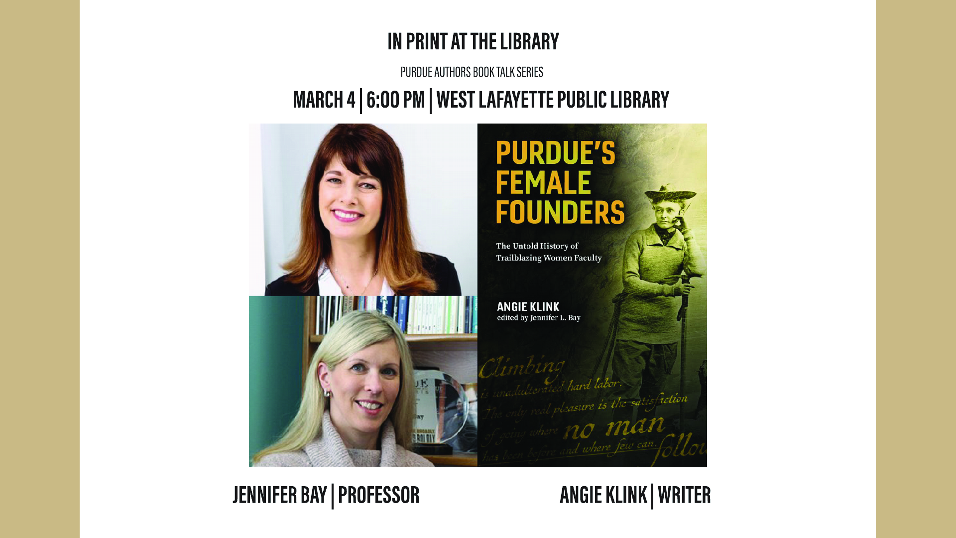 ‘In Print at the Library’ book talk featuring Purdue’s Female Founders with Jennifer Bay and Angie Klink, March 4 at 6 PM at West Lafayette Public Library