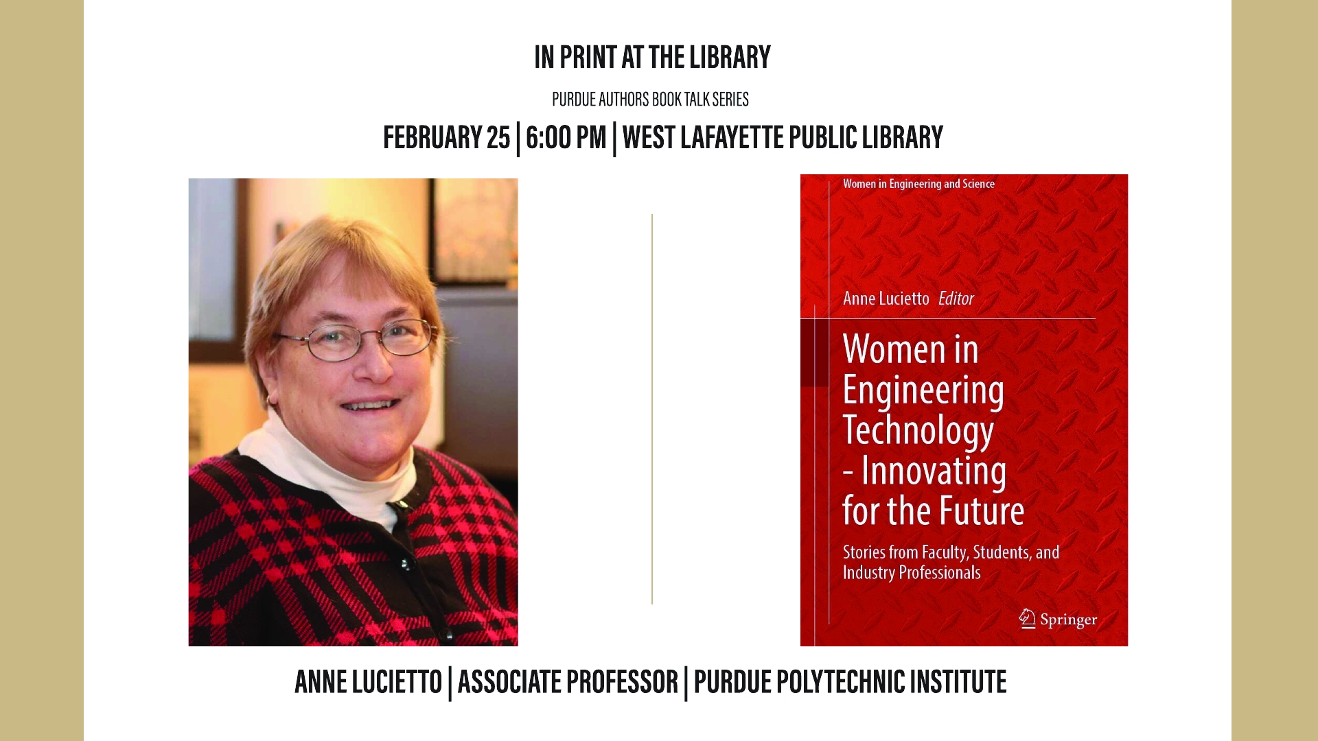 Flyer with event details for February 25 at 6 PM at West Lafayette Public Library, showing a person in a red‑and‑black sweater next to the book Women in Engineering Technology.