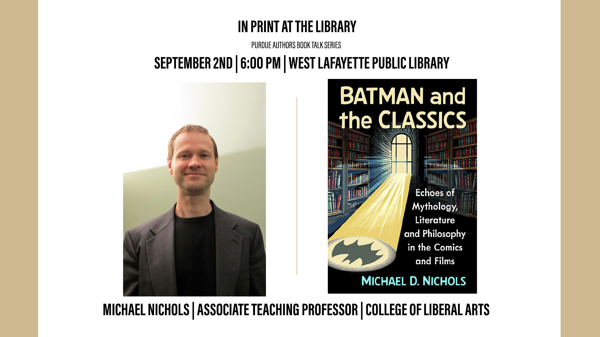 Flyer with event details for September 2nd at 6 PM at West Lafayette Public Library, showing a person in a black suit and shirt next to the book Batman and the Classics.