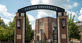 Campus entrance with Purdue Memorial Union building in the background