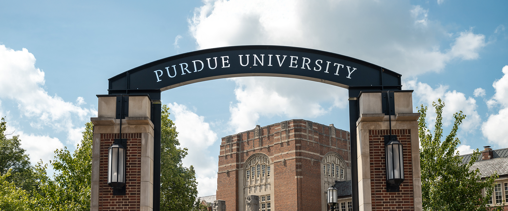 Campus entrance with Purdue Memorial Union building in the background