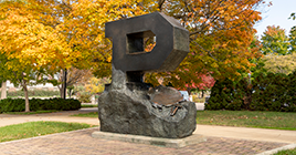 Block P statue during the fall season
