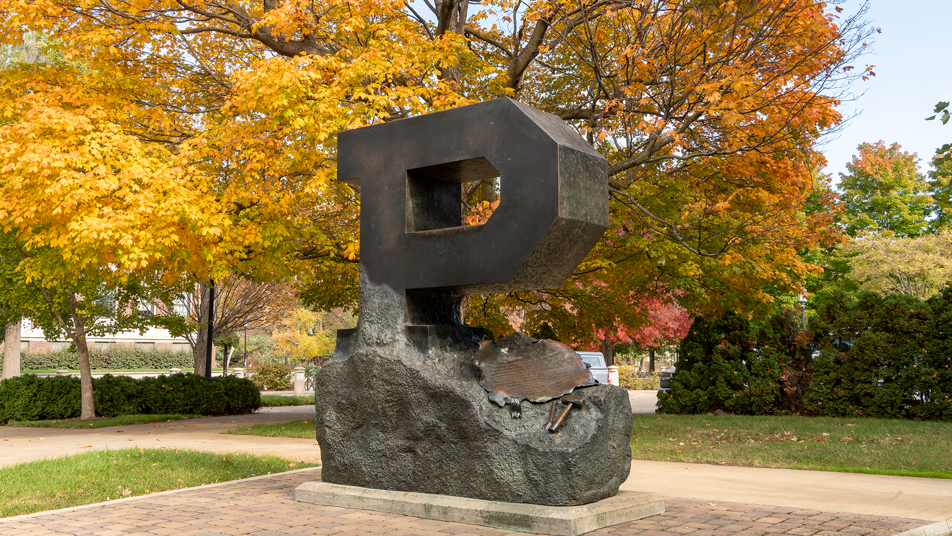 Block P statue during the fall season