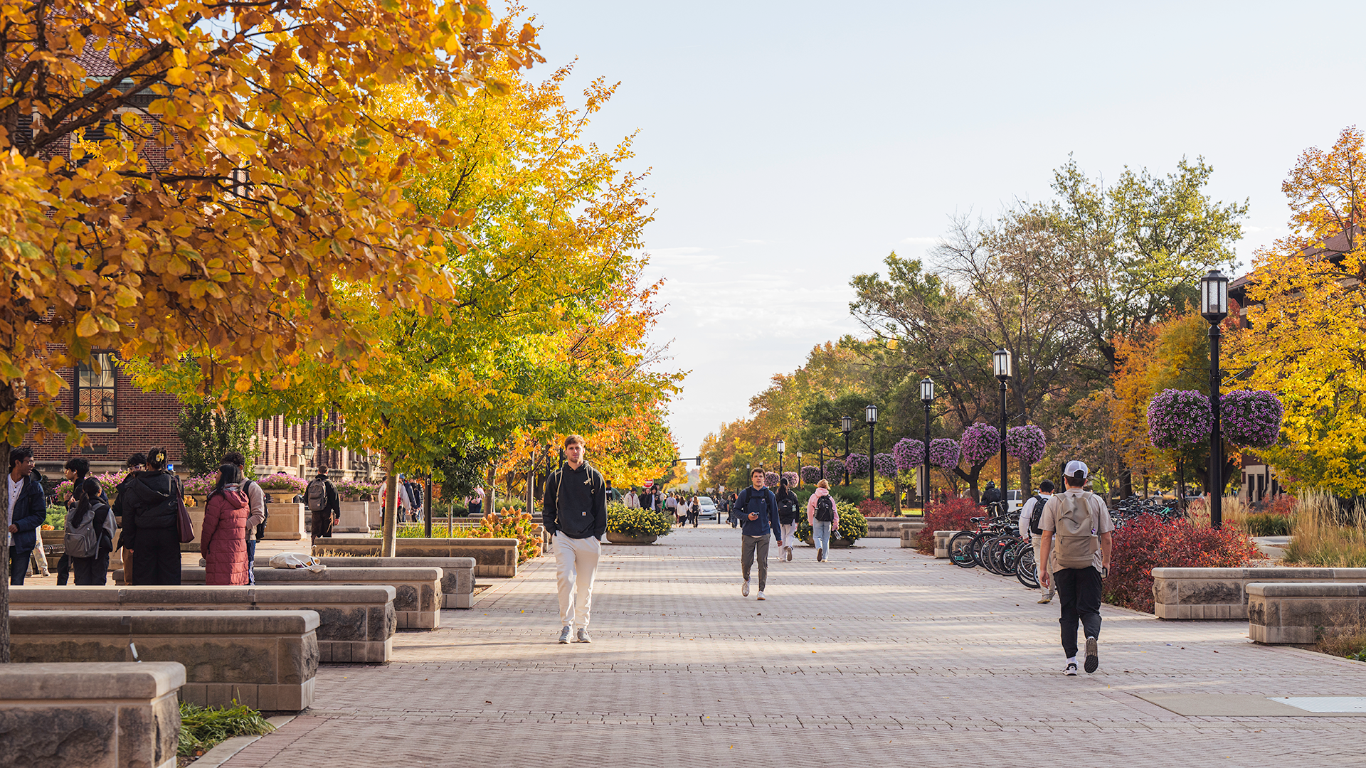 students walking in the Purdue mall during the fall