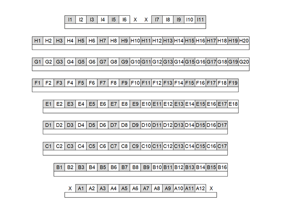 Seating chart diagram for ARMS 1010 showing nine rows of seats ranging from 11 to 20 seats, with every other chair noted as unavailable for testing and four accessible seating spaces