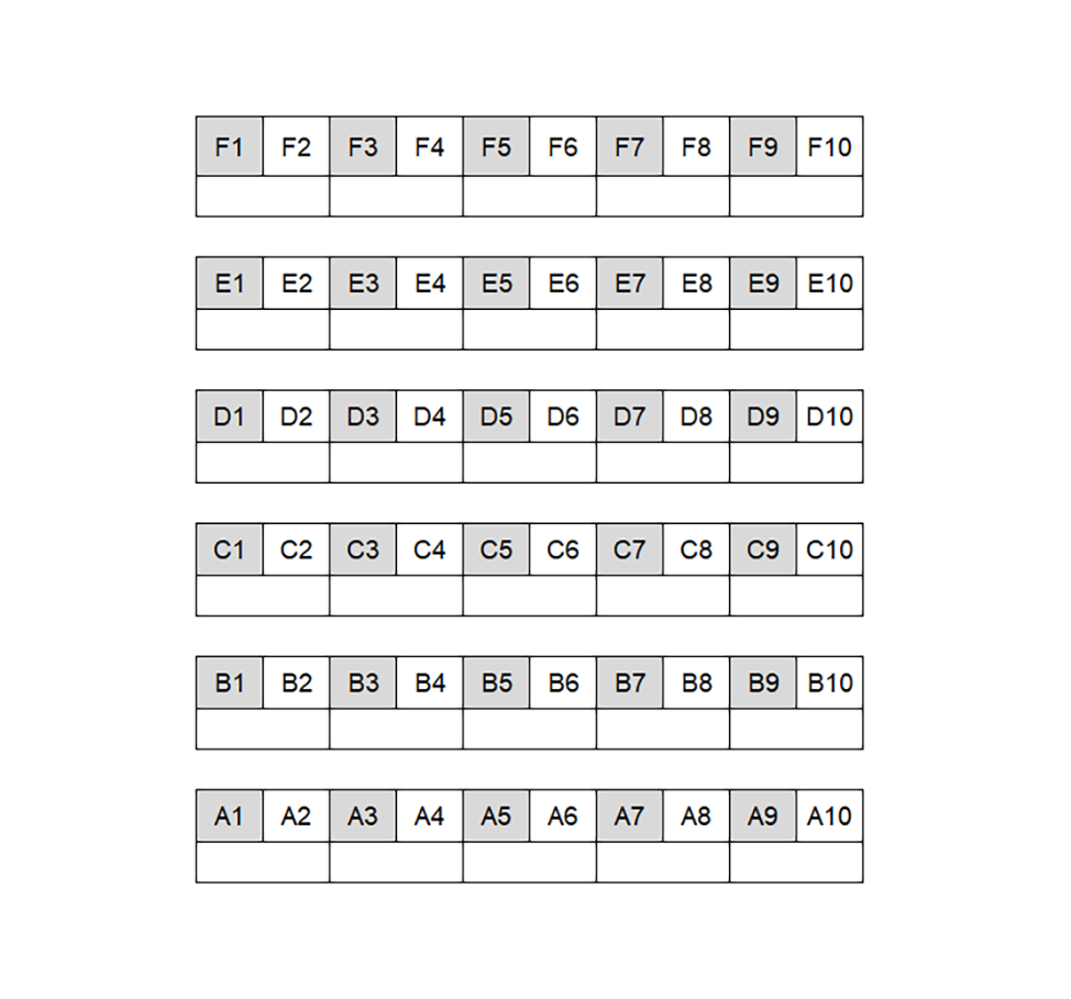 Seating chart diagram for ARMS 1109 showing six rows of ten seats, with every other chair noted as unavailable for testing