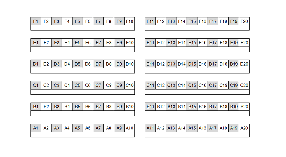 Seating chart diagram for ARMS B061 showing six rows of twenty seats, with every other chair noted as unavailable for testing and an aisle between each row's seats of ten and eleven