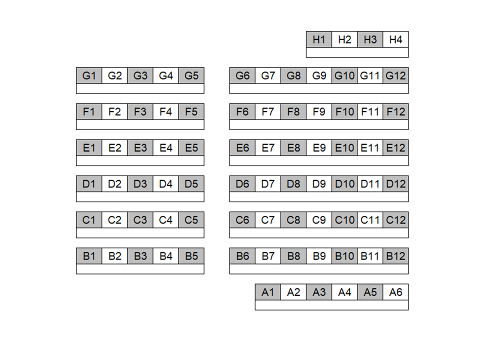 Seating chart diagram for BRNG 2290 showing eight rows of seats ranging from 4 to 12 seats, with every other chair noted as unavailable for testing and an aisle separating the first five seats in six of the rows from the rest, with the other two rows only containing four or five seats