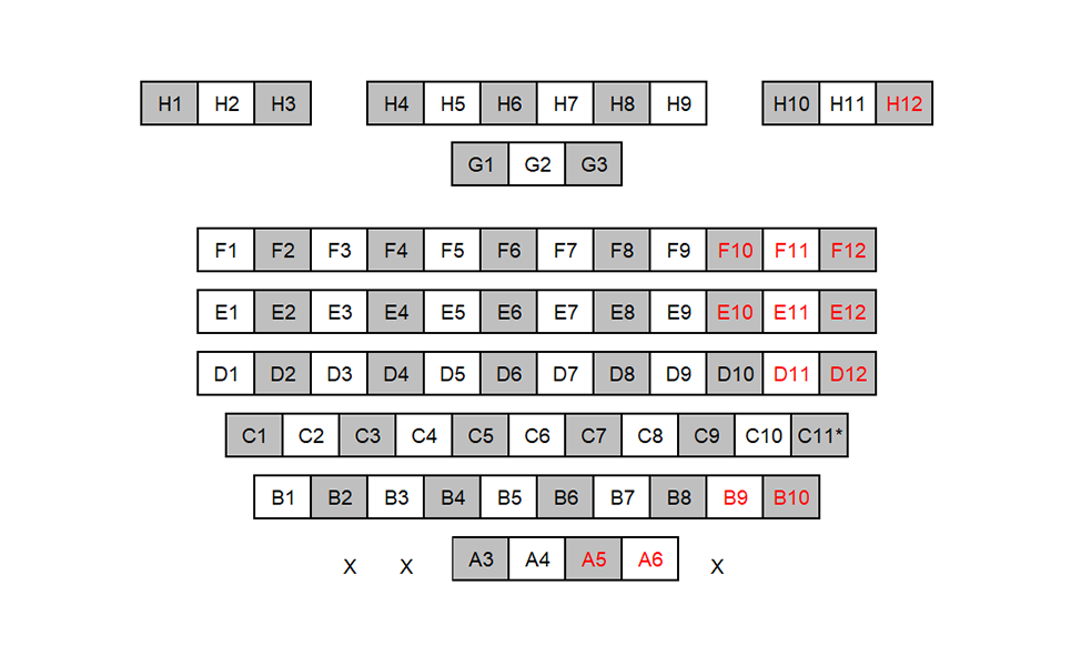 Seating chart diagram for BRWN 1154 showing eight rows of seats ranging from 3 to 12 seats, with every other chair noted as unavailable for testing and three accessible seating spaces. The final row is separated into two groups of three seats on the outside and a group of five in the middle, with the row in front of it containing three seats.