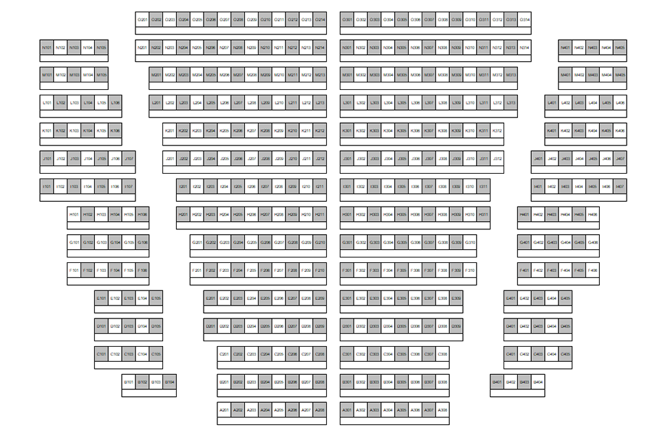 Seating chart diagram for CL50 224 showing fifteen rows of seats ranging from 16 to 37 seats, with every other chair noted as unavailable for testing. All but the first and last rows are separated into four columns, with the remaining two rows separated into two columns by a middle aisle.