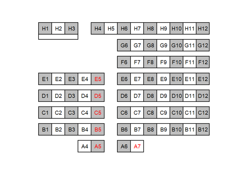 Seating chart diagram for EE 117 showing eight rows of seats ranging from 4 to 12 seats, with every other chair noted as unavailable for testing and an aisle separating four rows into groups of five and seven seats, and the final row separated into three and nine seats