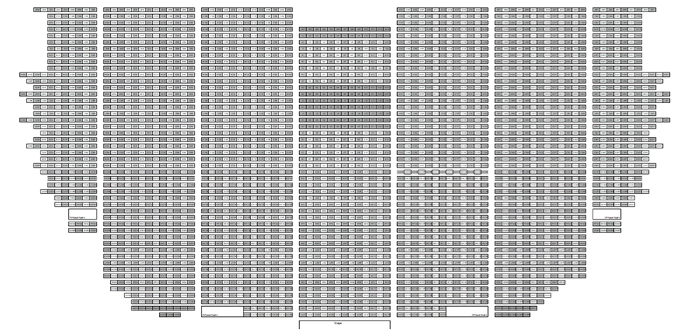 Seating chart diagram for Elliott Hall showing 48 rows of seats ranging from 35 to 87 seats, with every other chair noted as unavailable for testing and four accessible seating spaces. The rows are arranged into seven total columns, with the middle three holding the same amount of chairs and the two on either end gradually decreasing in size.