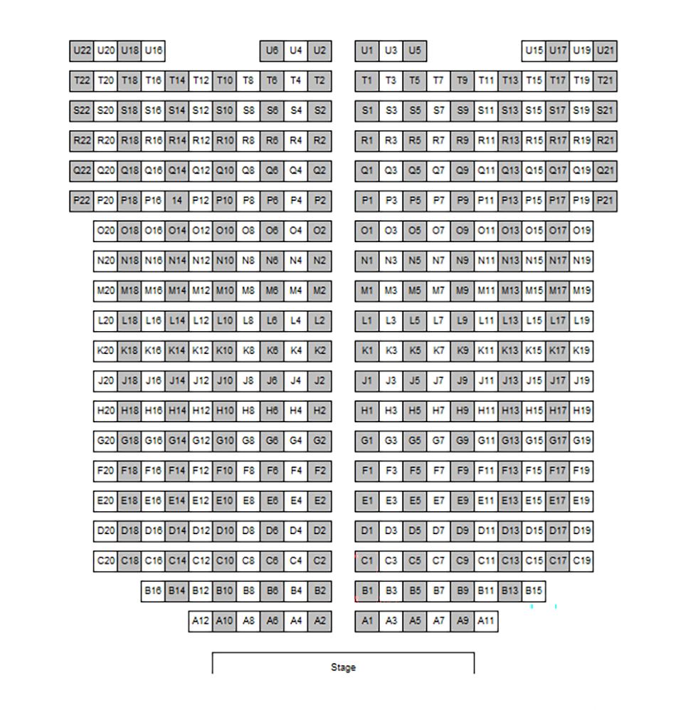 Seating chart diagram for Fowler Hall showing twenty rows of seats ranging from 12 to 22 seats, with every other chair noted as unavailable for testing, an aisle separating the rows in half, and the last row separated into four columns of three or four seats.