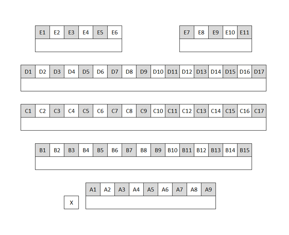 Seating chart diagram for FRNY G124 showing nine rows of seats ranging from 9 to 17 seats, with the final row split into a group of six and a group of five, every other chair noted as unavailable for testing and four accessible seating spaces.
